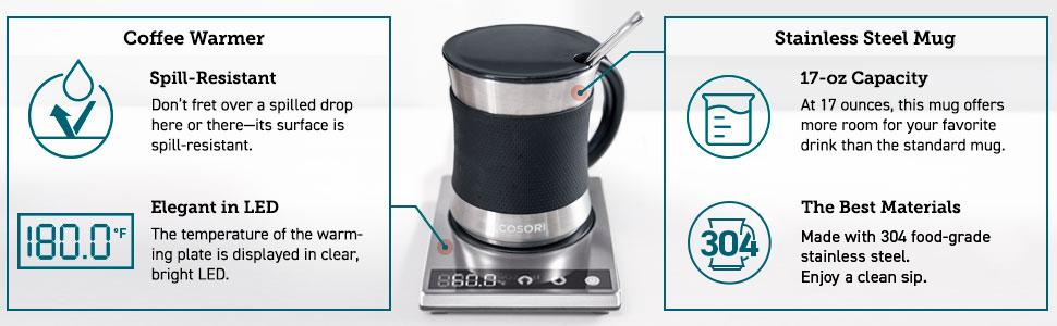COSORI Mug & Coffee Warmer, Beverage Heater with Pressure Sensor, Auto Shut-Off, Digital Temp Control (77-194℉), Home/Office, Silver
