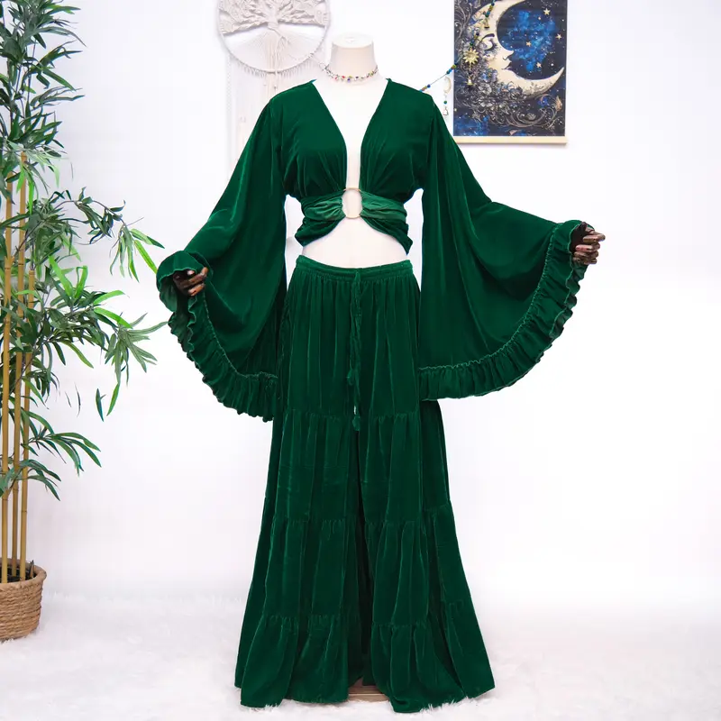 Women's 2-Piece Solid Soft Velvet Clothing Set - Vintage Street Sweet Ruffle Long Sleeve Wrap Top with Drawstring, Drape Wide-Leg Flare Pants with Pockets, Fall Winter Holiday Outfits