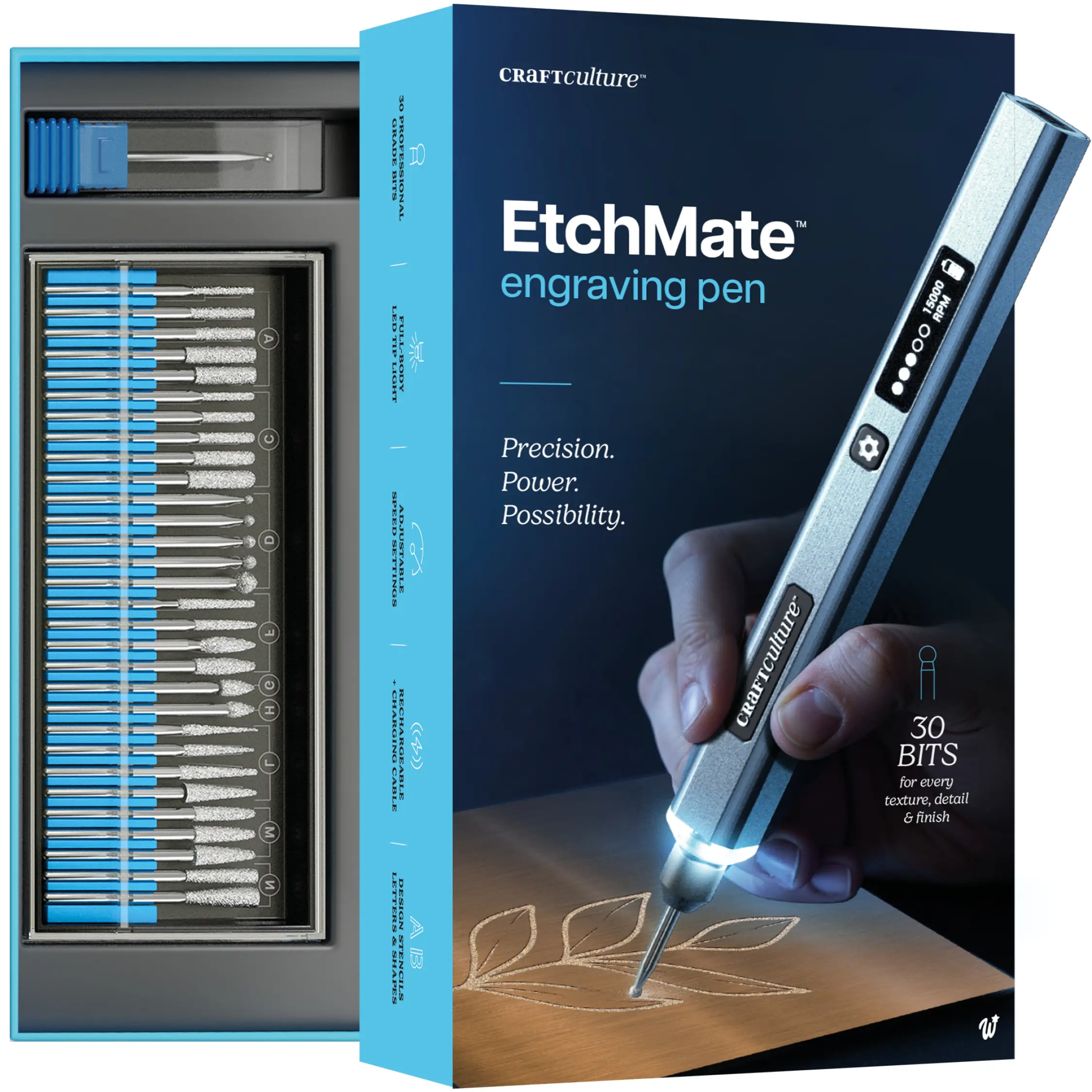 Craft Culture EtchMate Cordless Engraving Pen Kit - Built-in Lithium Ion Batteries & Cells, High Precision Engraving Tool, 31-Bit Set, LED Lights, Digital Speed Control, DIY Power Tool, Engraving Tools, Kit Set