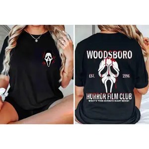🥇     Woodsboro Film Club Sweatshirt, Halloween Ghostface Vintage Tee Shirt, Scary Movies Halloween T-Shirt, Halloween Characters Shirt, Best Halloween Gift