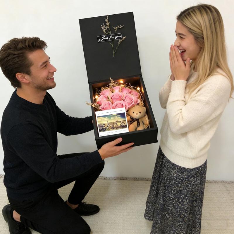 Elegant Rose Bouquet Set with 7 Glittering Roses Artificial Band & Adorable Bear Shiny Gift Box for Valentine's Day Anniversary Wedding Engagement Elegant Rose Bouquet Set with 7 Glittering Roses Artificial Band & Adorable Bear Shiny Gift Box for Valentine's Day Anniversary Wedding Engagement