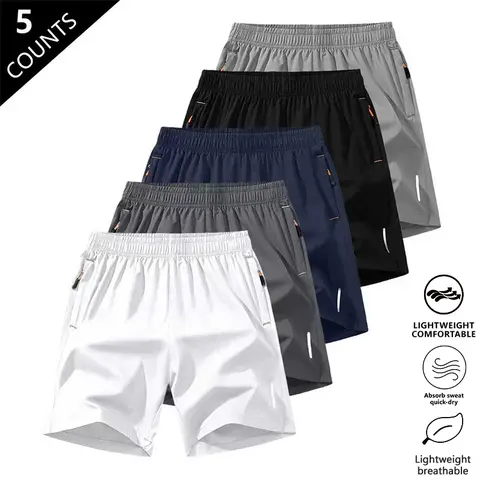 5-Pack, Men's Solid Color Zipper Pocket Shorts - Summer Casual Comfortable Breathable Three-Quarter Pants, Men's Everyday Bottoms, Tropical Beige, 5-Pack