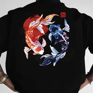 Koi Fish Art Graphic Tee - Traditional Style Print Casual Short Sleeve Top