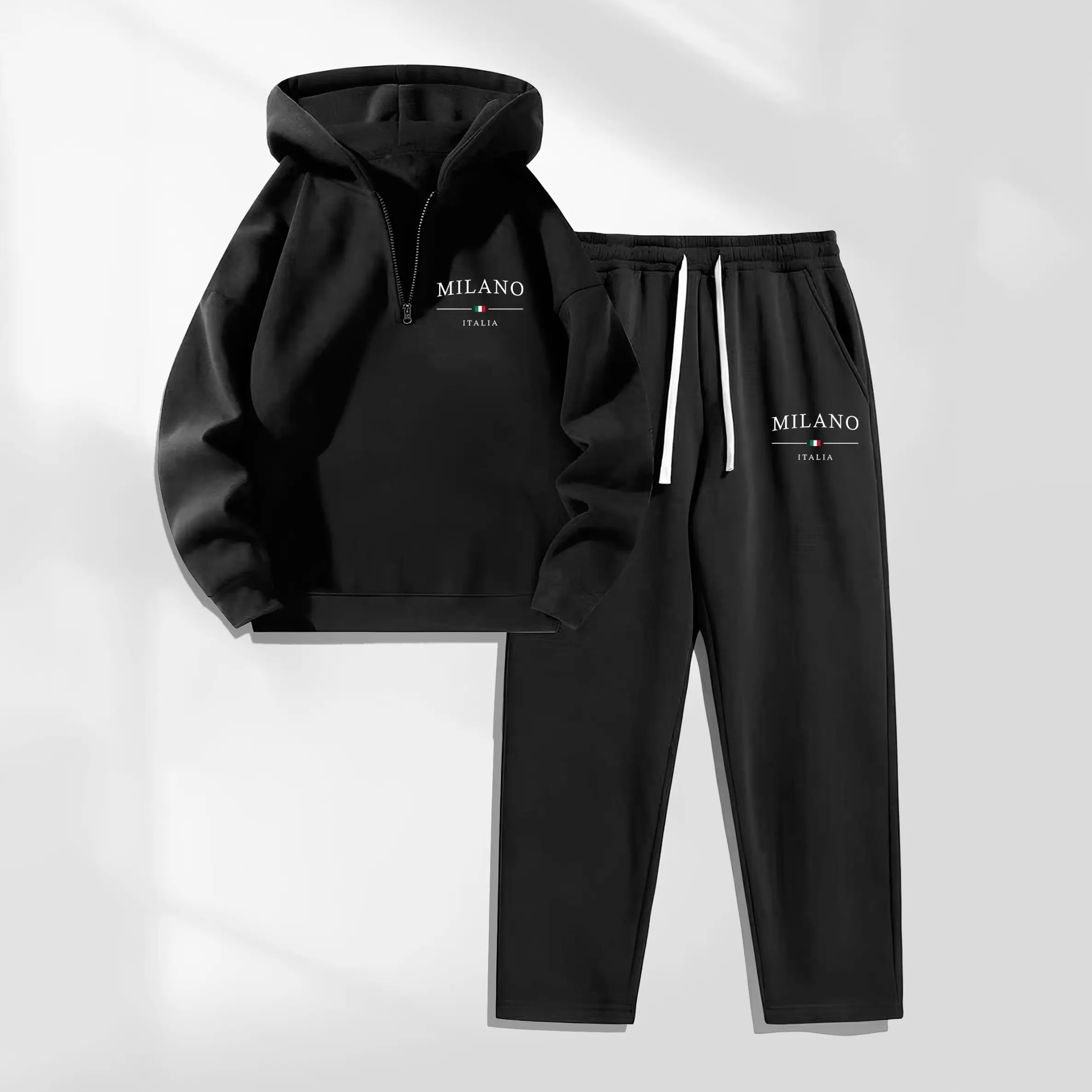 Men's 2-Piece Loose-Fitting Long Sleeve Knitting Milan Letter Print Workout Set - Zipper-Collar Hoodie, Drawstring Sweatpants with Pockets, Sporty Chic Sweatsuit for Fall Winter Gym, Mensfashion Men’s Clothes