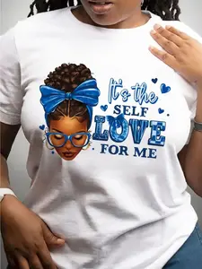 Women's Plus Size Casual T-Shirt - "It's The Self Love for Me" Blue Portrait & Letter Print, Round Neck Short Sleeve, Breathable Soft Fabric for Spring/Summer, Machine Washable, Casual Wear or Gift, Ladies T Shirts, Selfcare Clothing, Modern Feminine Styl