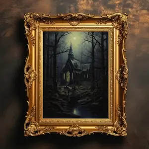 Dark Church In Woods | Dark Academia, Gothic Architecture, Moody Wall Art, Goth Painting, Haunted Aesthetic, Unframed