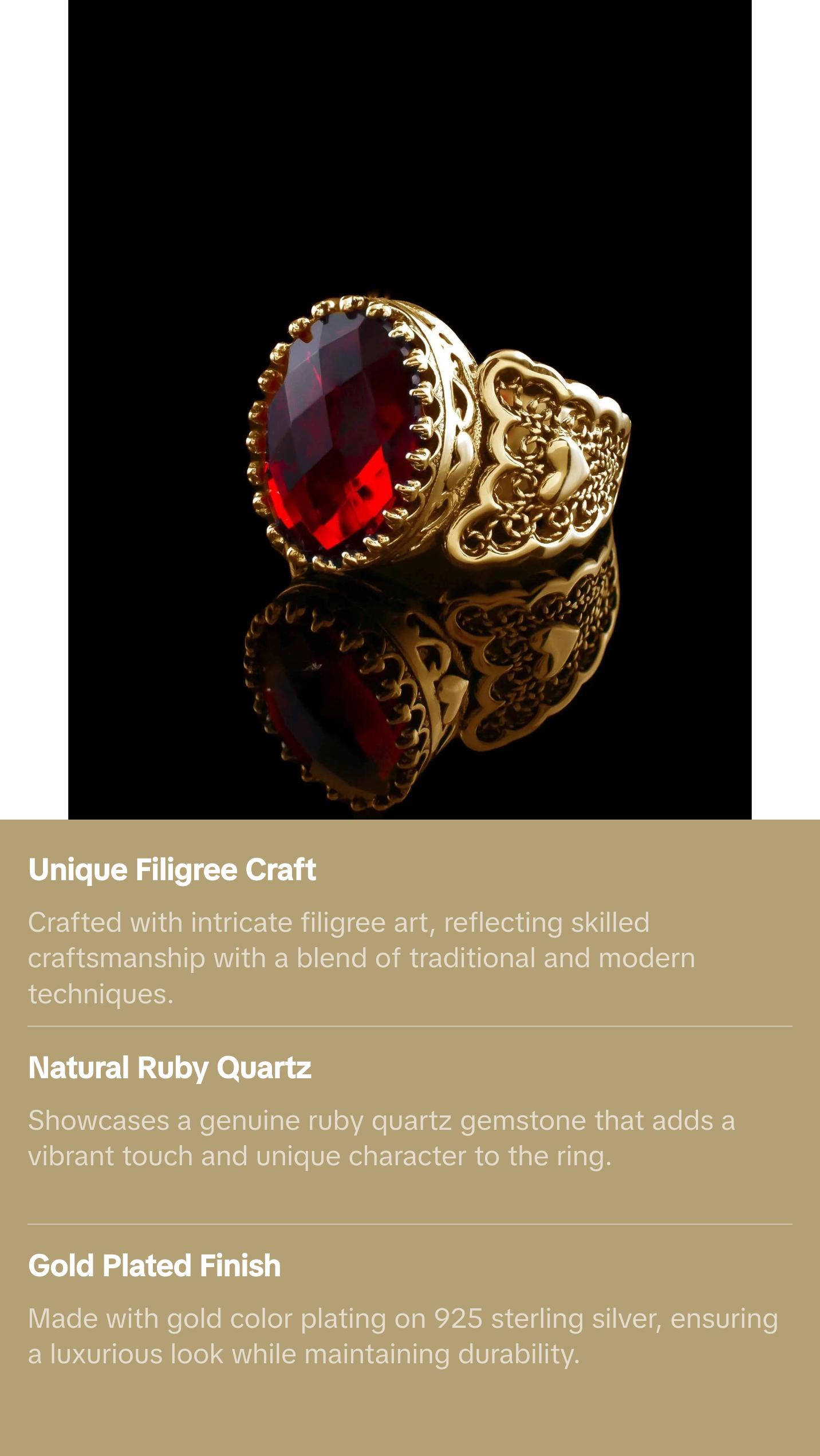 Double Heart Detailed Ruby Gemstone Filigree Art Gold Plated Sterling Silver Women Statement Ring