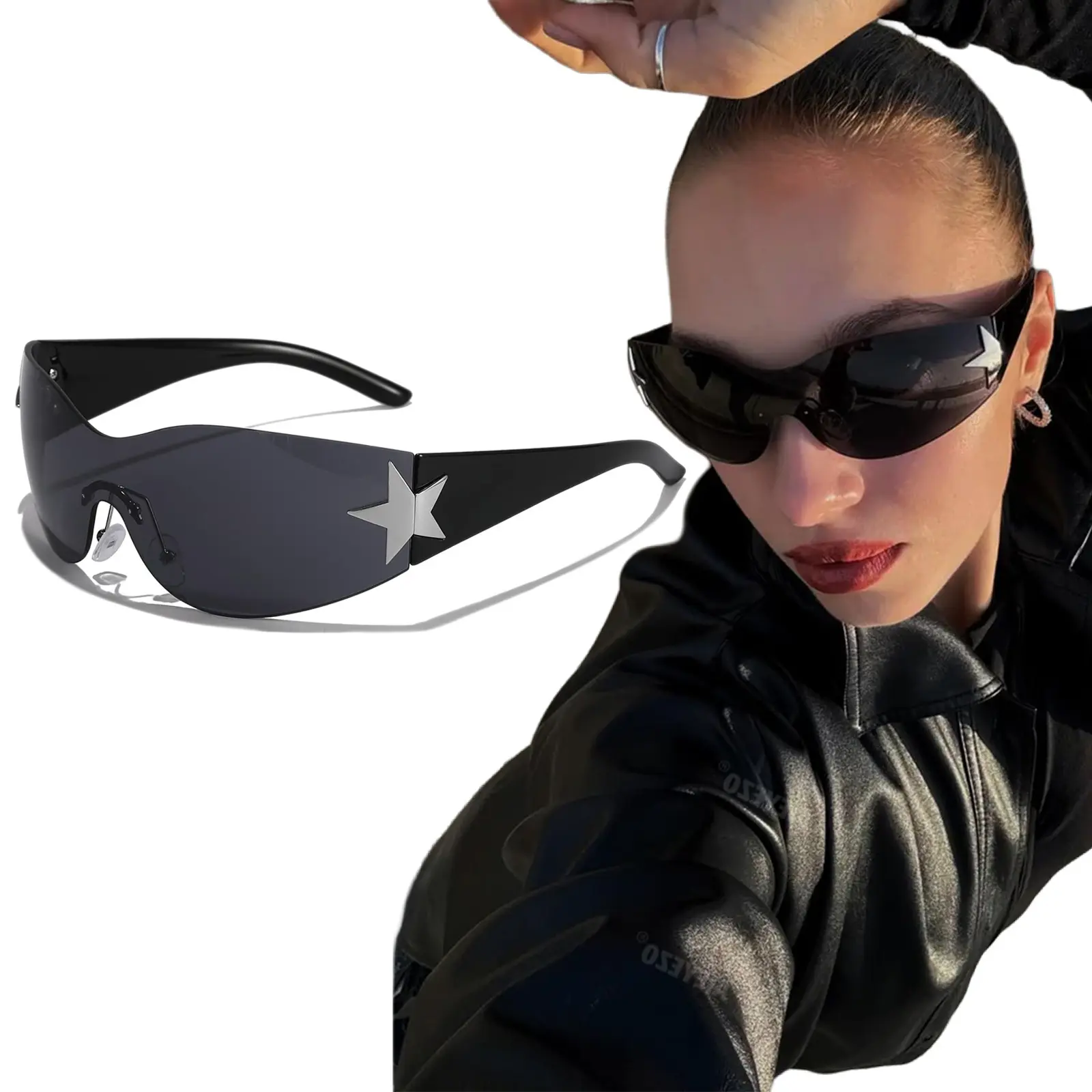Y2K Rimless Punk Sunglasses with Star Details - Edgy Aesthetic for Urban Street Style UV Protection - Non-Polarized Polycarbonate Lens, Retro | Black Rave Party Shades