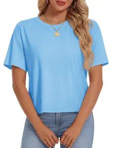 YUCOLEN Women's Crop Tops Summer Short Sleeve Cotton UPF 50+ Round Neck Casual Loose Cropped T-Shirts Solid Basic Tees