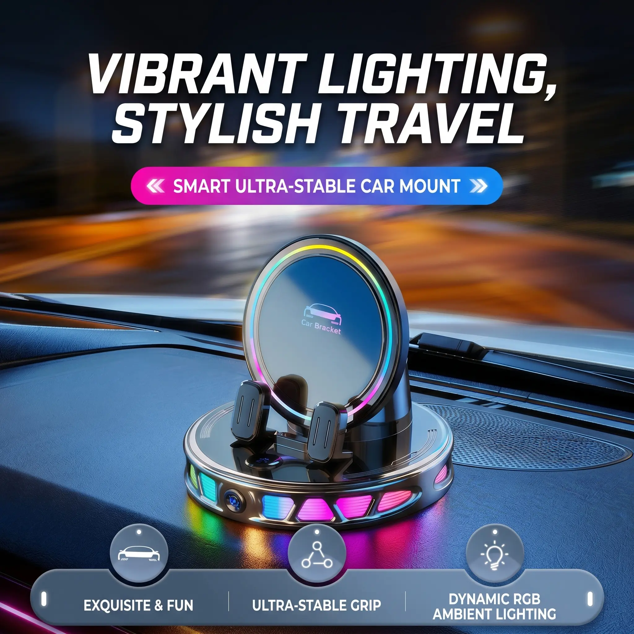 Wireless Charging Car Phone Mount, 360° Rotatable Holder with RGB Light, USB Powered, Auto-Lock & Strong Vacuum Suction for Windshield & Dashboard-YY