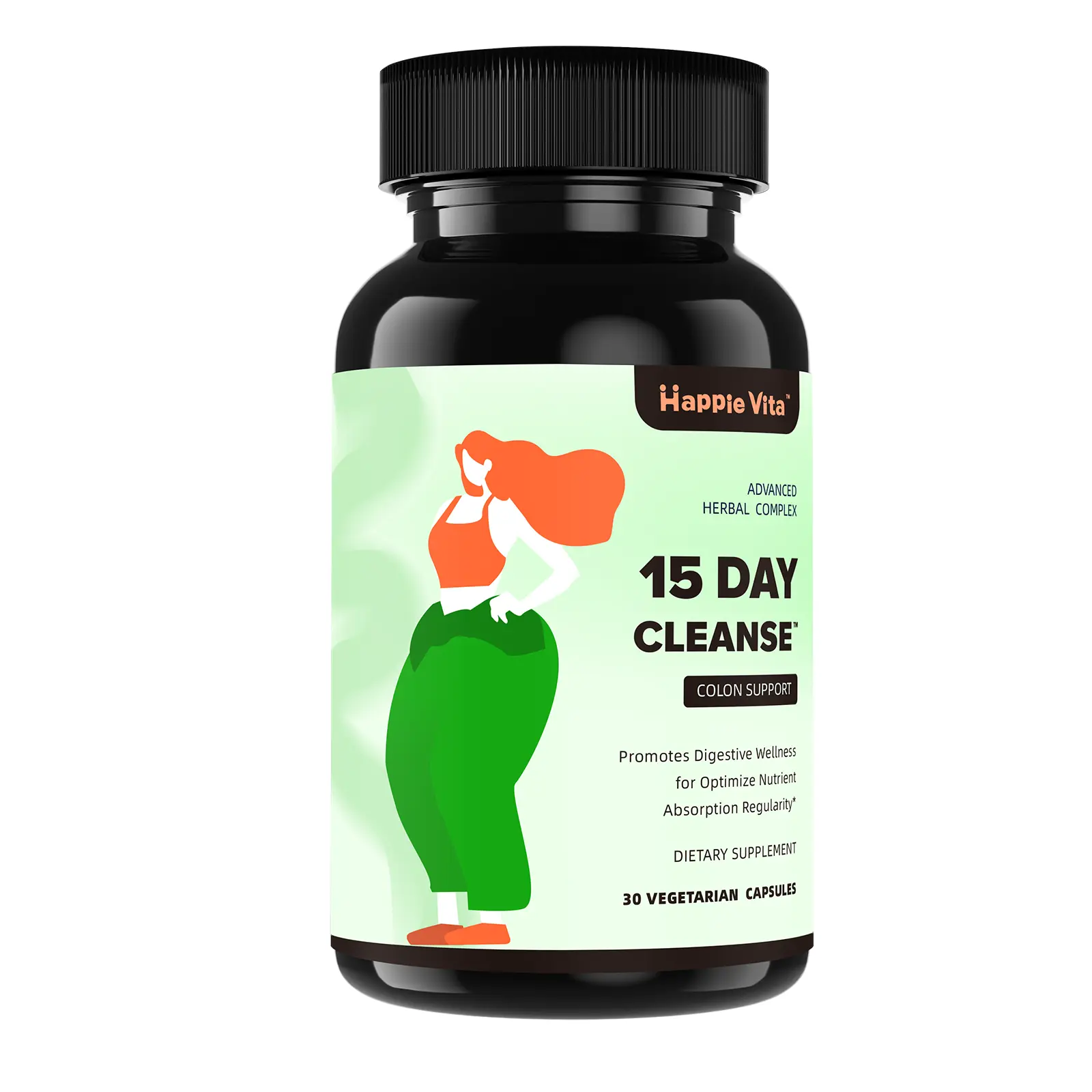 HappieVita Vegan Gut and Colon Support Dietary Supplement - 15-Day Cleanse, 30 Capsules, Clean Formula with Fiber Foods & Flax Seeds for Bloating Relief, Dietary Supplements
