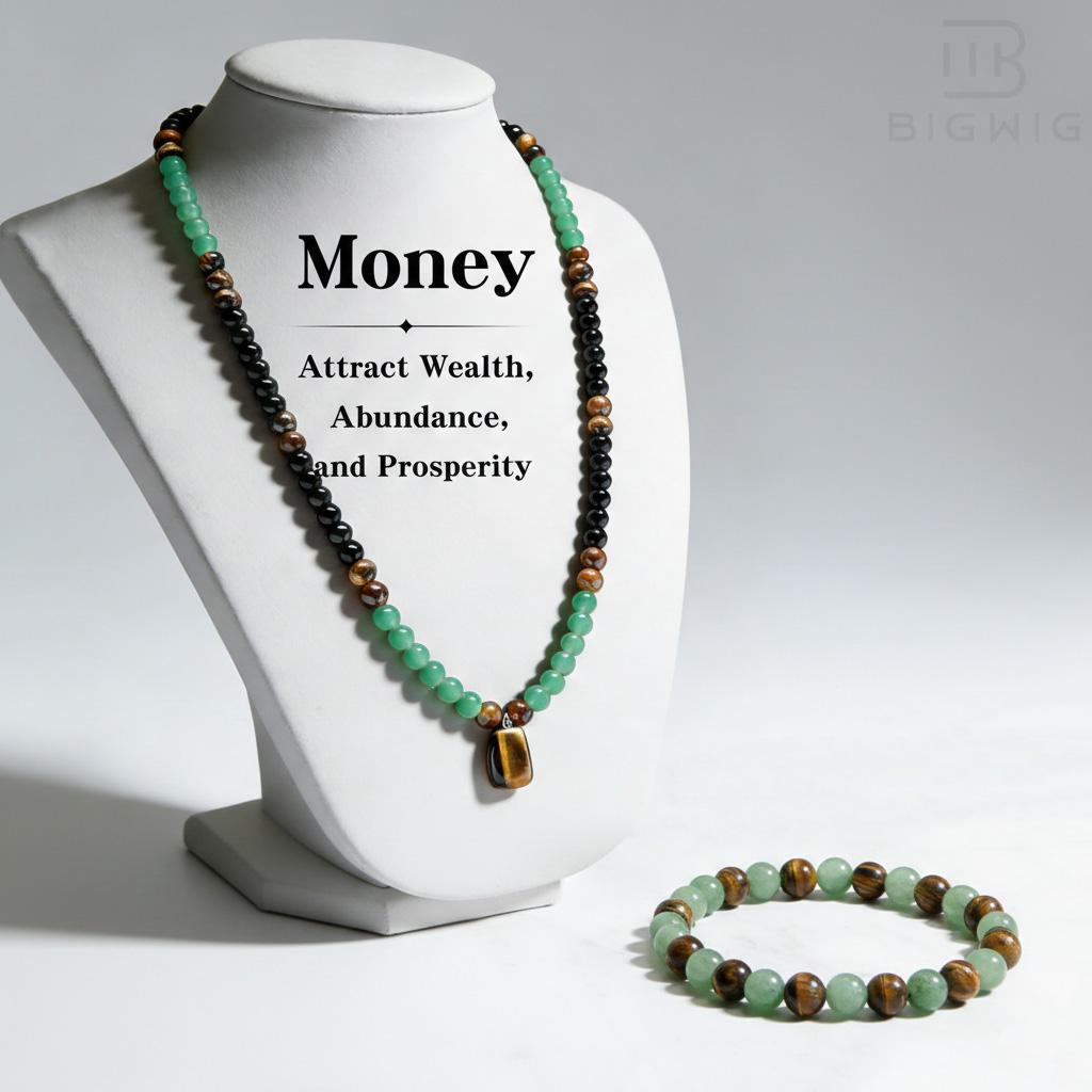 Green Aventurine & Tiger Eye Money Attraction Necklace & Bracelet Set, Natural Healing Crystal Pendant for Wealth & Prosperity, Long Chain Sweater Necklace, Ideal Gift Jewelry for Men and Women, Jewelry Charms for Anniversary, Vacation &Theme Parties