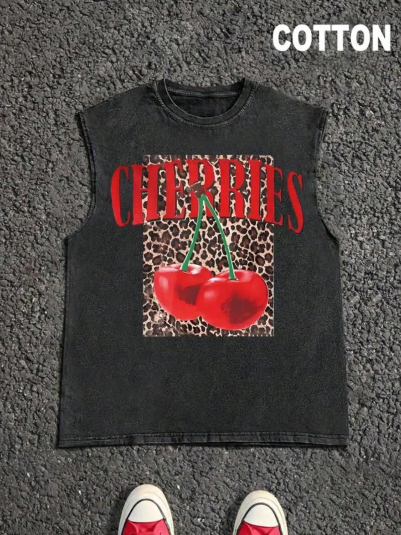 Vintage Streetwear Tank Top for Men, Ribbed Washed Cotton Athletic Muscle Shirt with Cherry Leopard Graphic for Summer Layering, Menswear, Soft, Activewear, Sports Clothes, Sleeveless