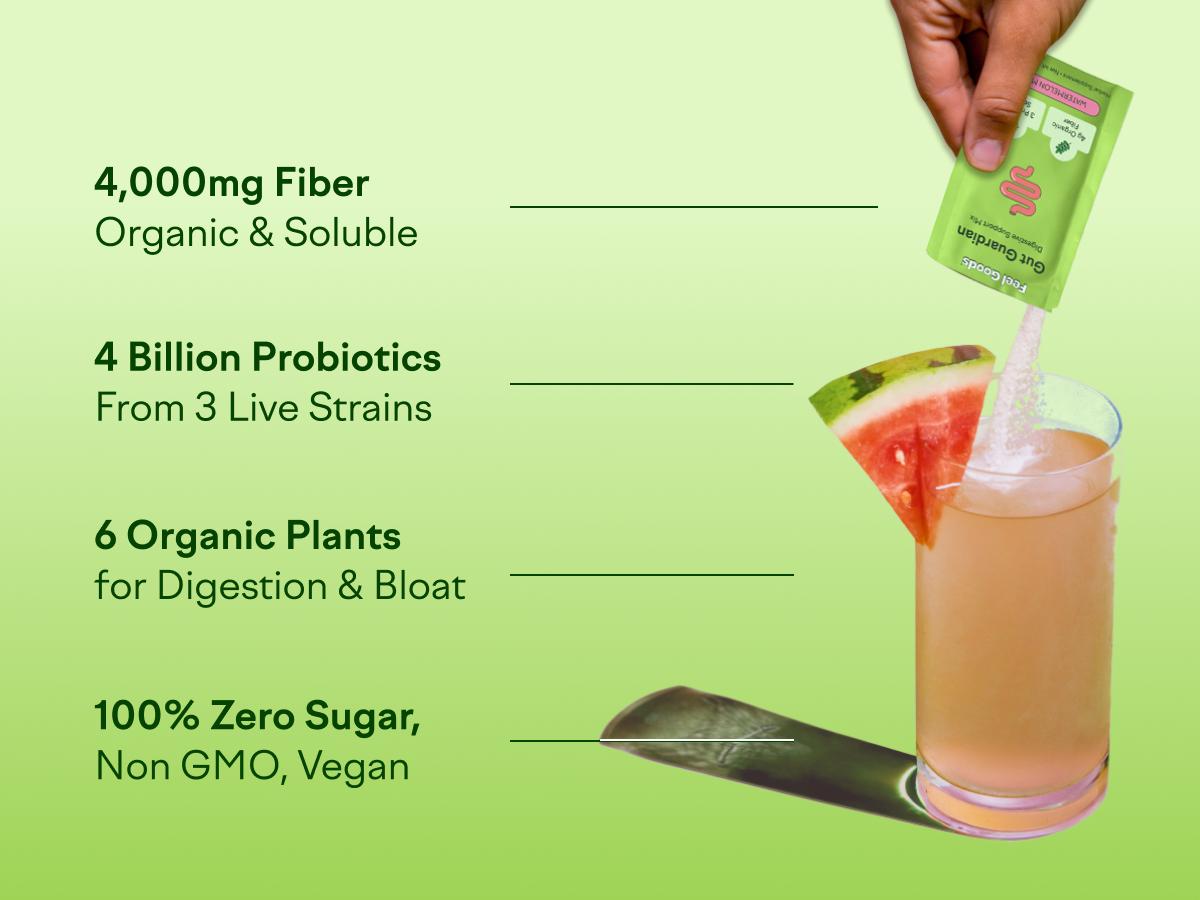Feel Goods Gut Guardian Digestive Support Drink Mix w Pre Probiotics 4g Fiber Blend Ginger Lemon Balm L Glutamine Supports Gut Digestion Clearer Skin Reduces Bloating Puffiness Organic Fruits Zero Sugar Edible Optimum