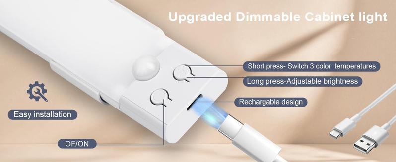 Closet Lights, 4 Pack LED Rechargeable UnderCabinet Lighting Wireless, 3 Color Temps Under Cabinet Lights, Easy Installation, Dimmer MotionSensor Light Indoor for Pantry, ChristmasDecorations, Black Friday, Kitchen, Bedroom