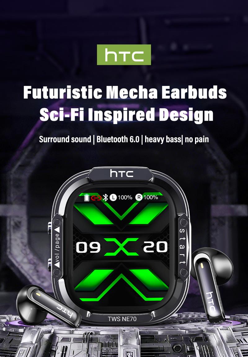 HTC NE70 Bluetooth 6.0 Earphones Light Weight in Ear IPX5 Waterproof Headphones Wireless Earbuds with Smart Touch Screen Suitable for Gaming Office Sports Study and Audio Calls Built-in Microphone Earphones
