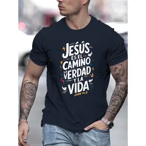 Men'S Casual Summer T-Shirt - Trendy Graphic Print, Round Neck, Machine Washable - White with Inspirational Spanish Quote "JESUS CAMINO Y VIDA", Every funny tshirt short sleeve shirt oversized tshirt