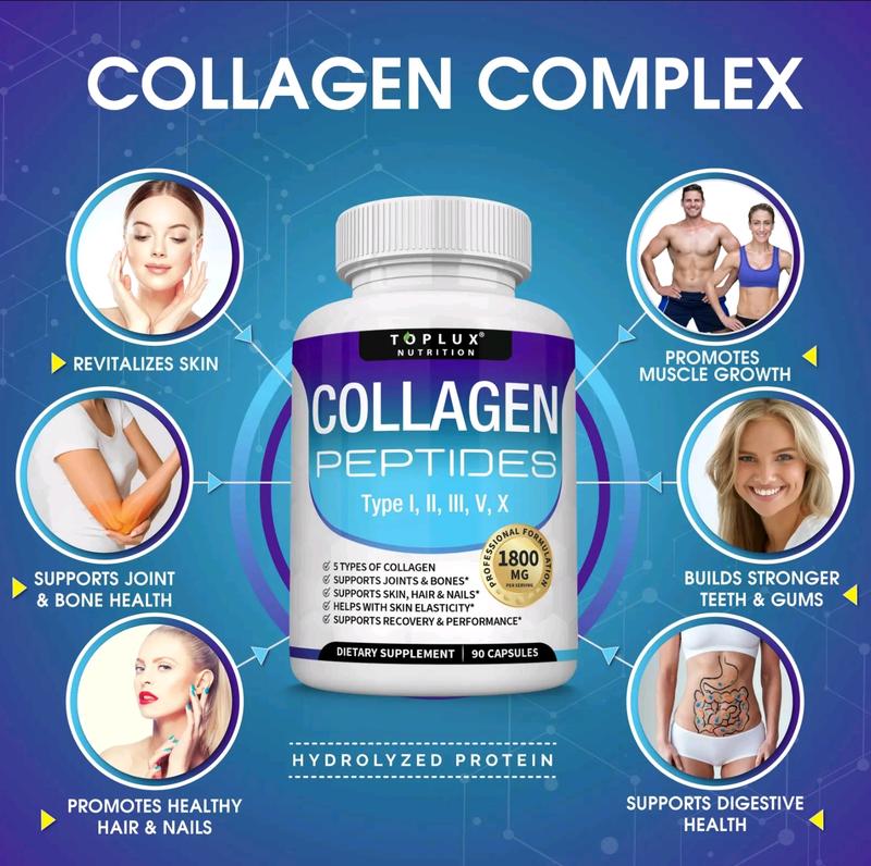 3BE-Toplux Nutrition Collagen Peptides 5 Types Complex 1800mg US Made Dietary Supplement for Health Beauty Fitness 90 Capsules Healthcare Edible Healthy