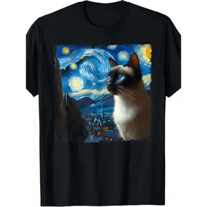 Premium 180g Soft Cotton Siamese Cat Starry Night Van Gogh Art Print T-Shirt Made in USA