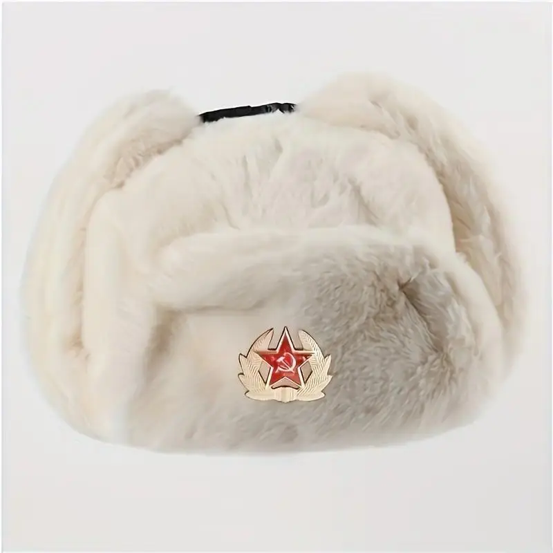 Unisex Star Embroidered Ushanka Hat, Stylish Faux Mohair Winter Beanie with Warm Faux Fur Ear Flaps, Embroidered Hat, Stylish Hat