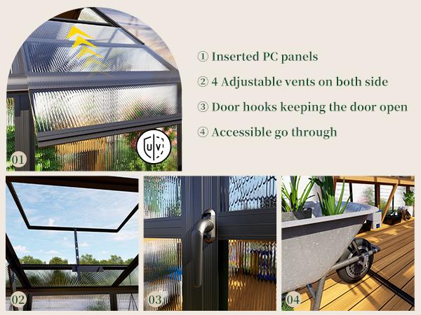 Amerlife Polycarbonate Greenhouse Double Swing Doors 5.2FT Added Wall Height, Walk-in Large Aluminum Greenhouse Sunroom Winter Greenhouse for Outdoors