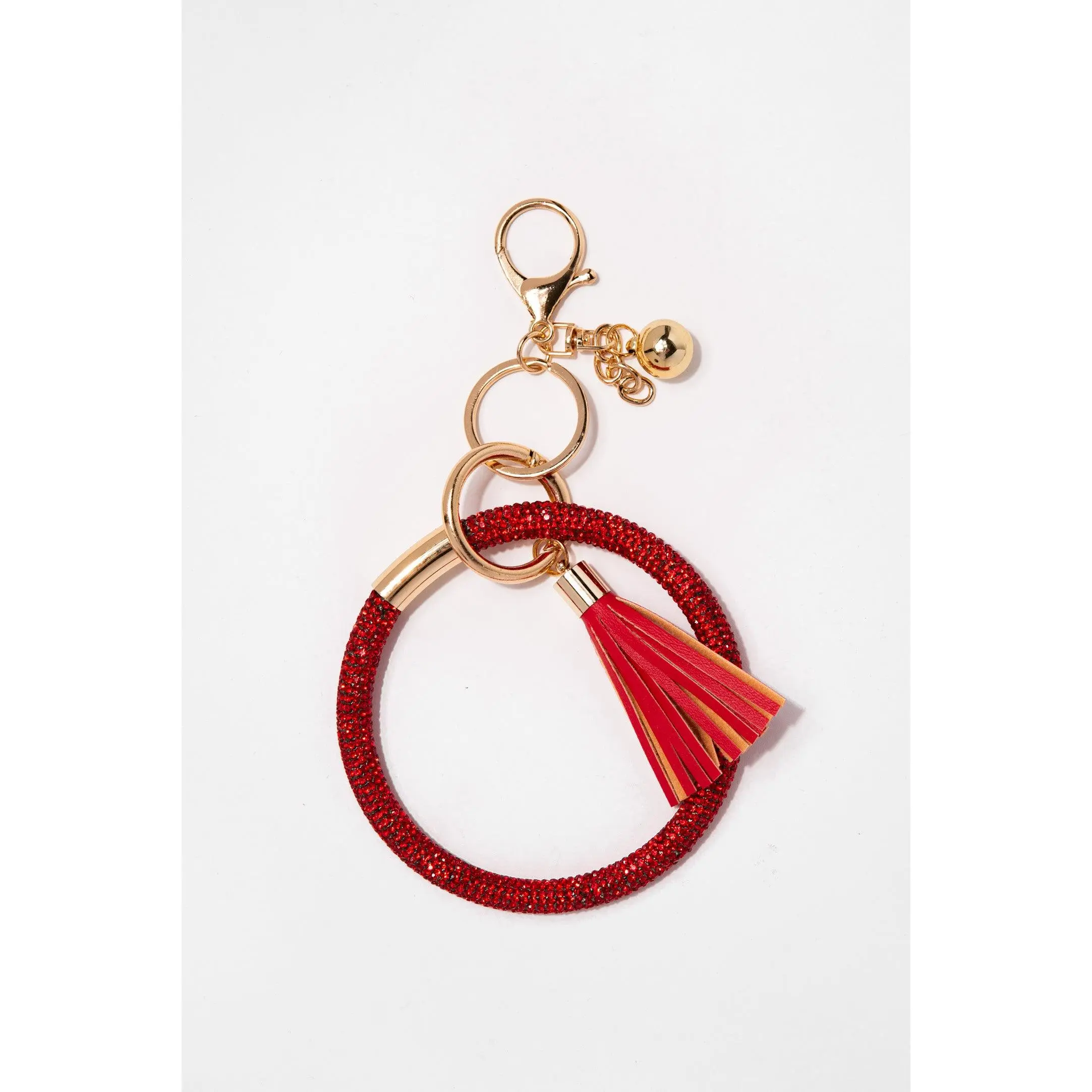 Rhinestone Wristlet Keyring Keychain with Tassel- Red