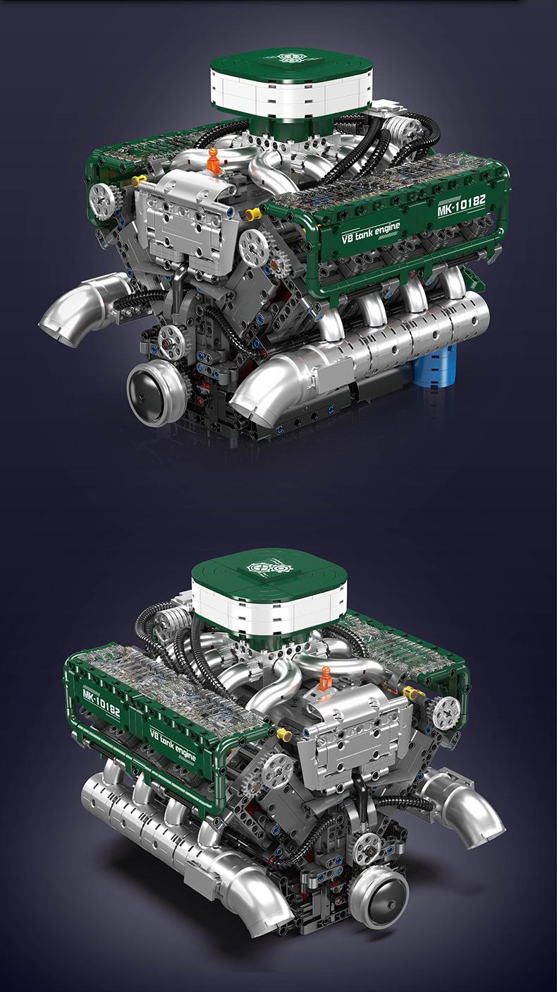 Mould King 10182 V8 Engine Double Turbo Eight Cylinder Green Model That Works Building Block Toy 2250 Pcs