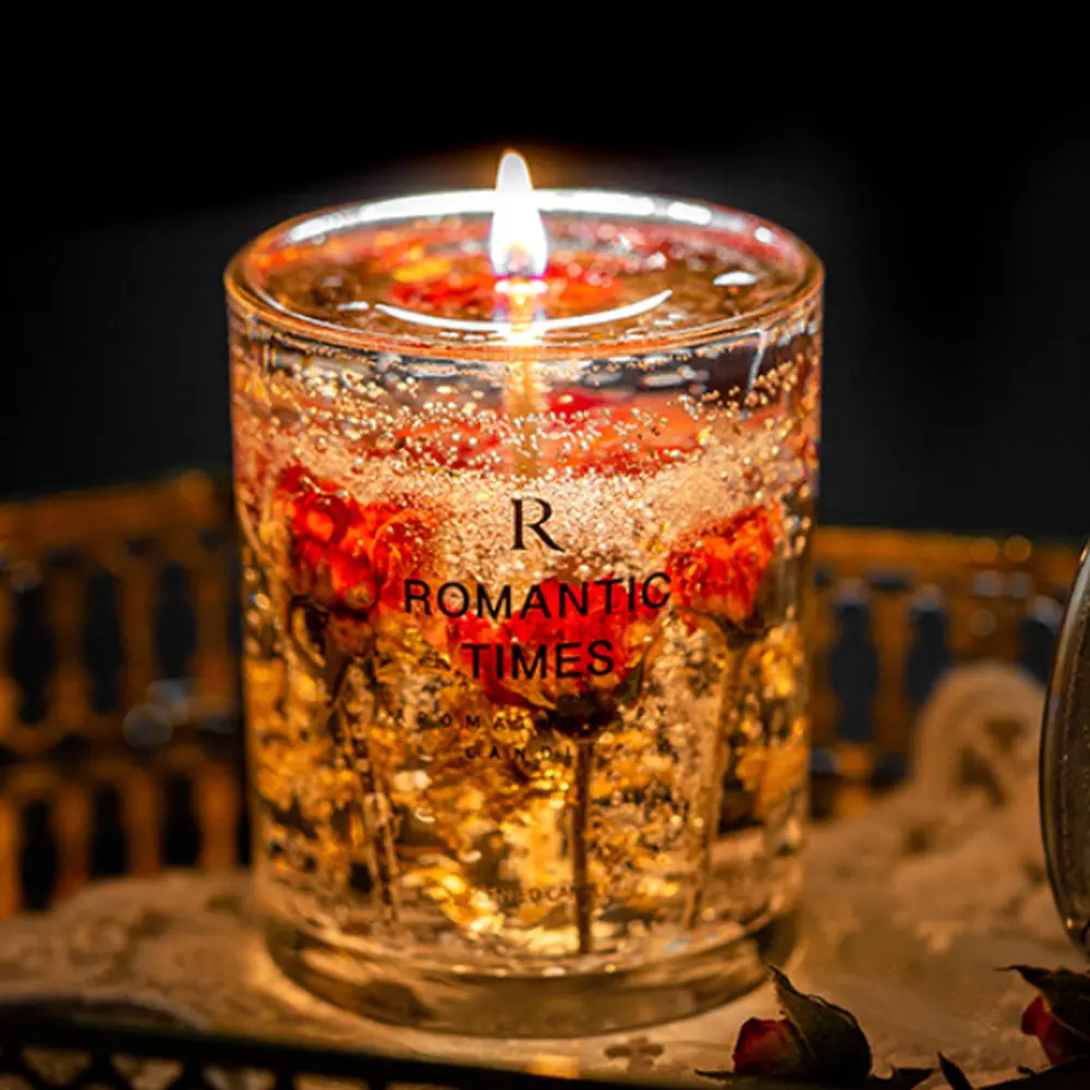 Jelly Scented Candles, 3 Fragrances (Velvet Rose / Lavender / Orange), Real Flower Embedded Glass Jar Aromatherapy Candle, Long-Lasting Home Decor & Gift for Valentine's, Relaxation & Self-Care