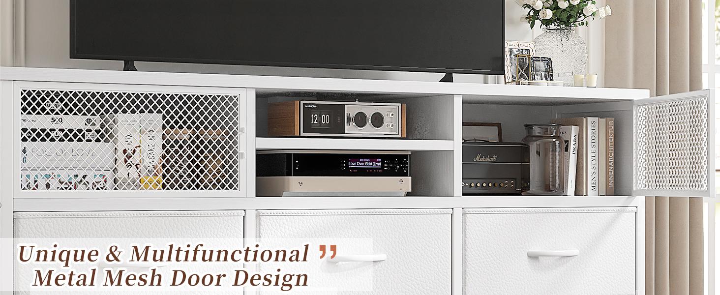 RaybeeFurniture Dresser with 7 Drawers for Bedroom, TV Stand with Power Outlet, TV Stands for Living Room Dresser for Bedroom, TV Console Table with Storage Entertainment Center,Metal Door