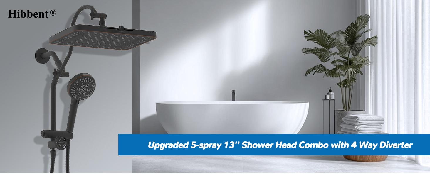 Hibbent Upgraded 13'' Shower Head Combo, High Pressure 5 Spray Rainfall Showerhead with 10 Spray Modes Handheld,All Metal Easy Reach 4-way Diverter with Pause Mode, 71'' Hose and Holder, Matte Black Hibbent Upgraded 13'' Shower Head Combo, High Pressure 5 Spray Rainfall Showerhead with 10 Spray Modes Handheld,All Metal Easy Reach 4-way Diverter with Pause Mode, 71'' Hose and Holder, Matte Black