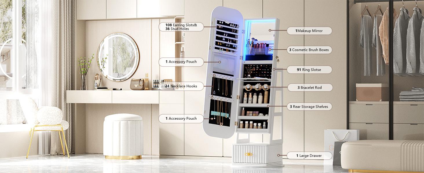 Miu Round-Corner Design Full-RGB exterior length Mirror with 360° Swivel & LED-Lit Features, Bottom Drawer Storage, Lockable Design Brush Cabinet