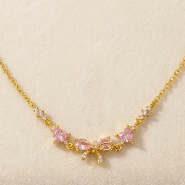 Women's Dainty Bow Pendant Crystal Necklace - Blush Pink Gold-Tone, Sparkling Zircons, Adjustable Length Chain, Casual Everyday Wear Fashion Costume Jewelry, Dainty Fashion Jewelry, Adjustable Length Necklace, Gifts For Women, Cool Women Gifts