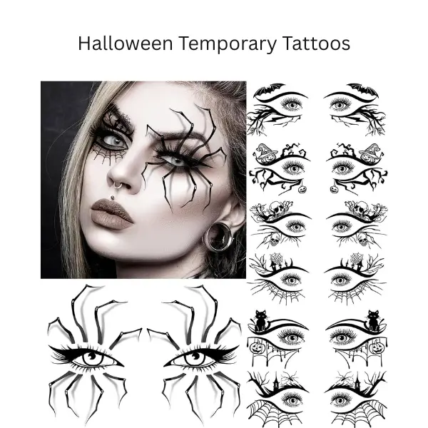 Halloween Temporary Tattoos, 7 Sheets 3D Scary Eye Face Stickers, Spider Web Cat Skull Bat Fake Tattoos, Makeup Accessory Halloween Gift