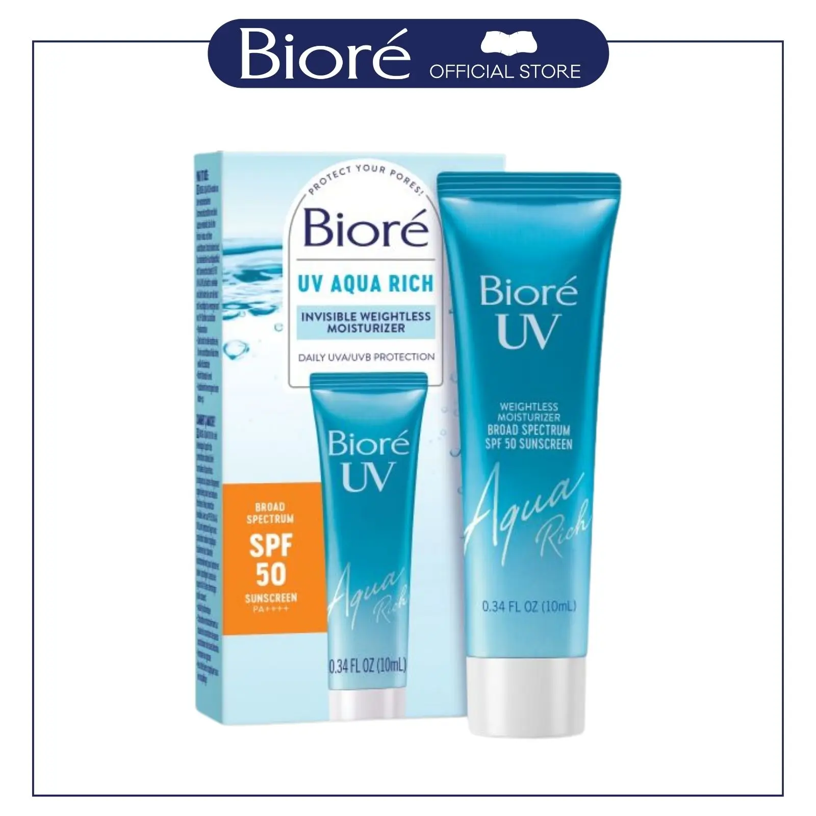 MINI Biore Skincare UV Aqua Rich SPF 50 Facial Moisturizer + Primer, Hyaluronic Acid, Lightweight & Moisturizing Cream, No White Cast