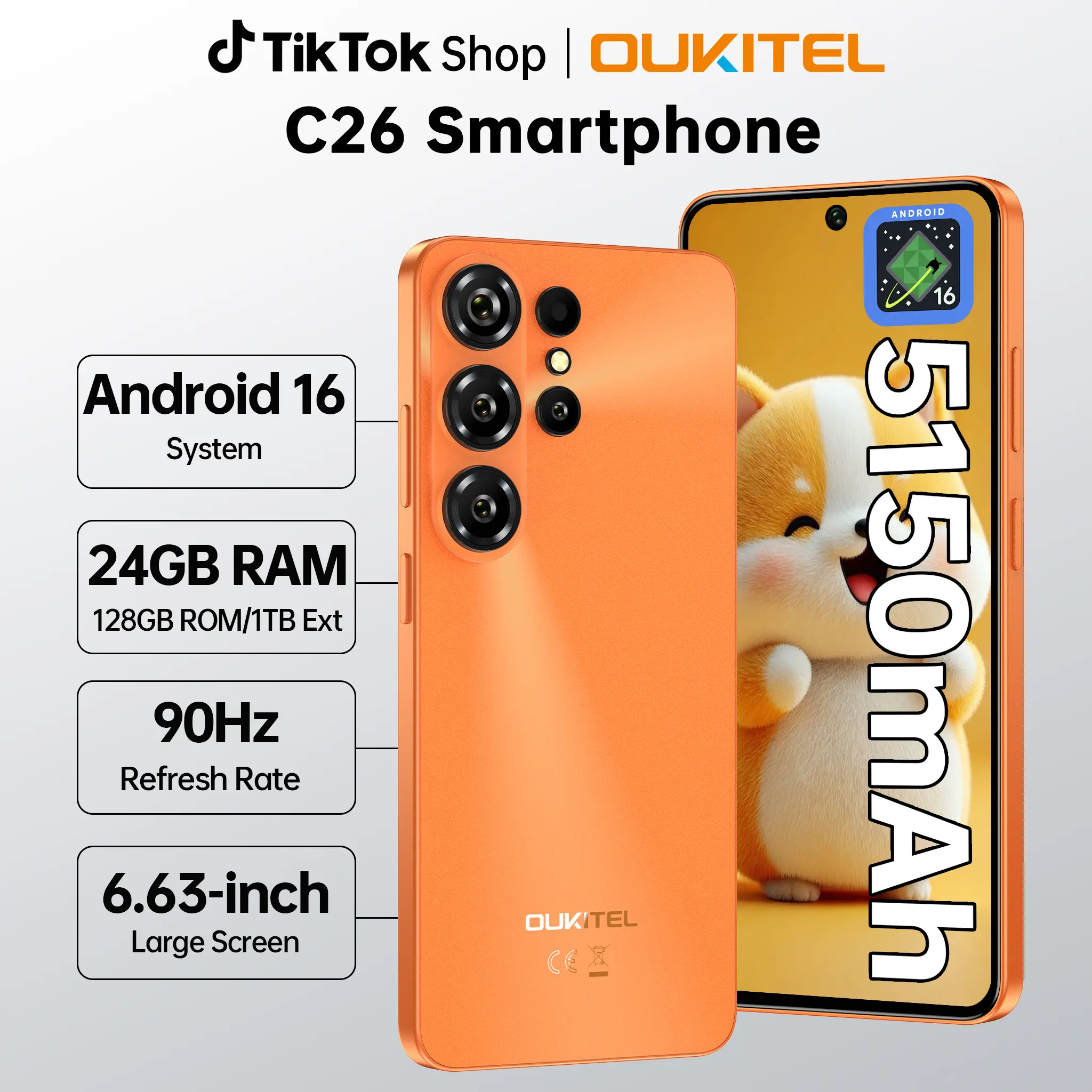 OUKITEL C26 Android 16 Smartphone，24(6+18)GB RAM + 128GB ROM, Octa-Core Mobile Phones，6.63''HD + 90Hz Display，5150mAh Battery，64 MP + 5 MP Camera，Dual SIM/GPS/OTG/T-Mobile