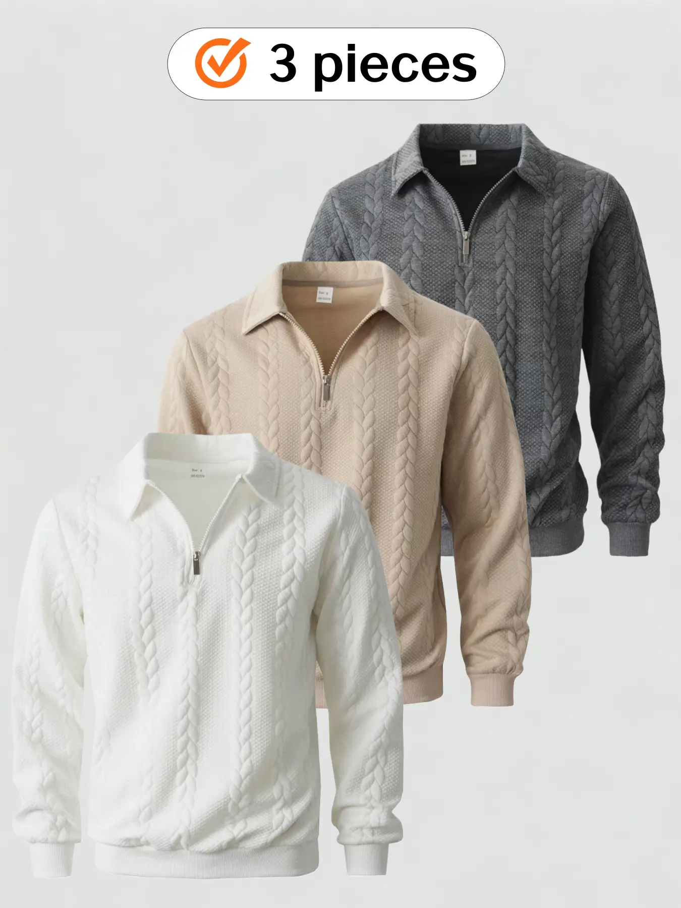 This 3-piece men's half-zipper lapel, Collared knitted jacquard sweatshirt is made of soft fabric, features jacquard design, regular long-sleeved, can be layered, suitable for casual daily wear in autumn and winter Casual Chic Knitwear