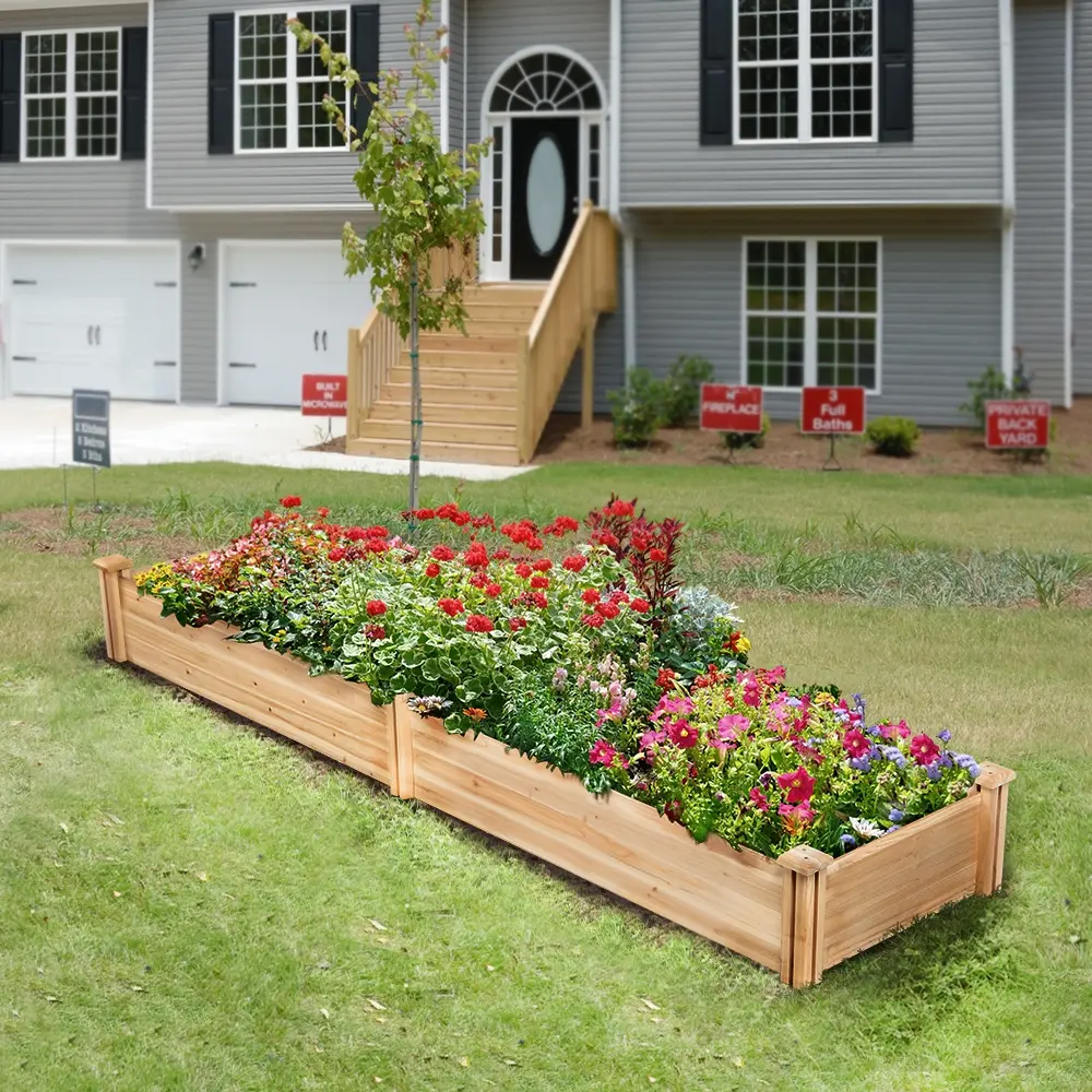 Yaheetech 8×2ft Rustic Rectangular Solid Wood Raised Bed Planter Box, Divisible Design for Flowers & Vegetables, 46.3″L×21″W×9″H Outdoor Planters for Porch, Garden Planting Beds