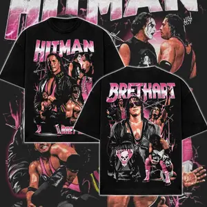 [WWE] Bret Hart Hitman Cotton Graphic T Shirt, Vintage WWE Wrestling Legend Tee, Retro Bret Hart Pink Black Hitman Wrestling Fan Shirt, Classic 90s WWF Wrestling Streetwear Graphic T-Shirt for Men Women Wrestling Fans