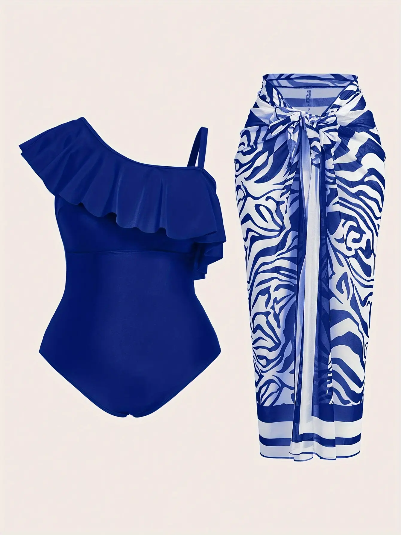Blue One Shoulder Ruffle One Piece Swimsuit with Zebra Print Sarong Cover Up Set, Tummy Control Bathing Suit for Beach Vacation, Swimsuit Coverup, Beachwear Cover Up, Coverups For Bathing Suits