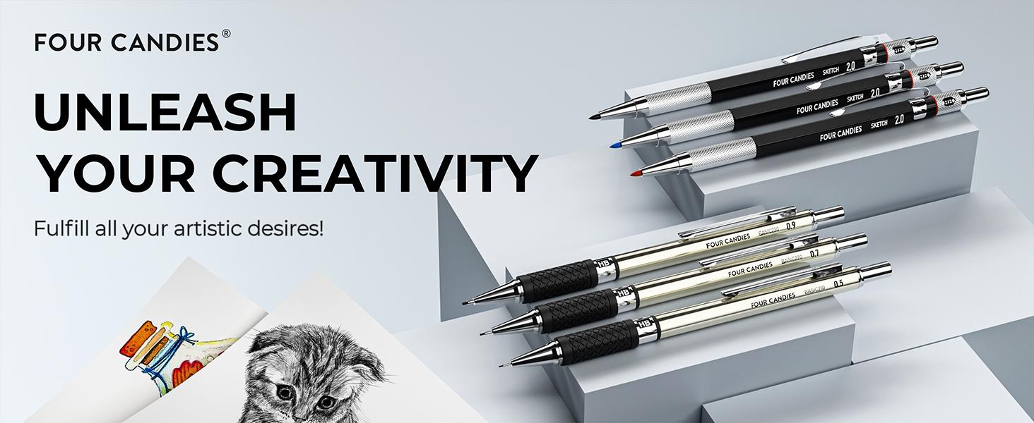 Four Candies 25PCS Mechanical Pencil Set with Case - 3PCS Metal Pencils 0.5 0.7 0.9mm, 3PCS 4B Erasers, 432PCS Graphite Leads for Writing Drawing Sketching Christmas Gifts, Stationery Writing Tools