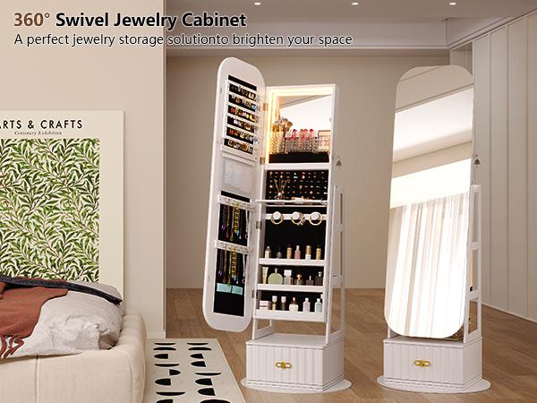 Miuvanity Round-Corner Design Full-Length Mirror with 360° Swivel & LED-Lit Features, Bottom Drawer Storage, Lockable Design living room decor Miuvanity Round-Corner Design Full-Length Mirror with 360° Swivel & LED-Lit Features, Bottom Drawer Storage, Lockable Design living room decor