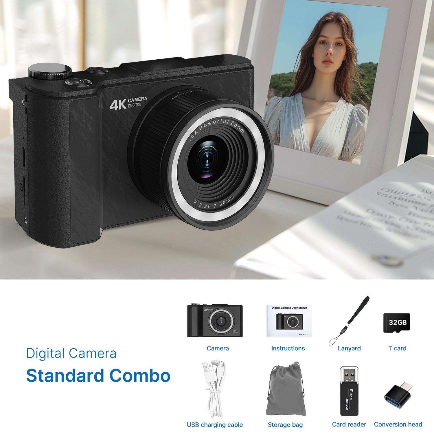 4K Digital Camera for Photography Vlogging Compact Travel Cameras Autofocus for YouTube with 3" 180° Flip Screen 64MP 16X Digital Zoom Point And 32GB SD Card Shoot Camara for Teens Ages 8-18 Beginners