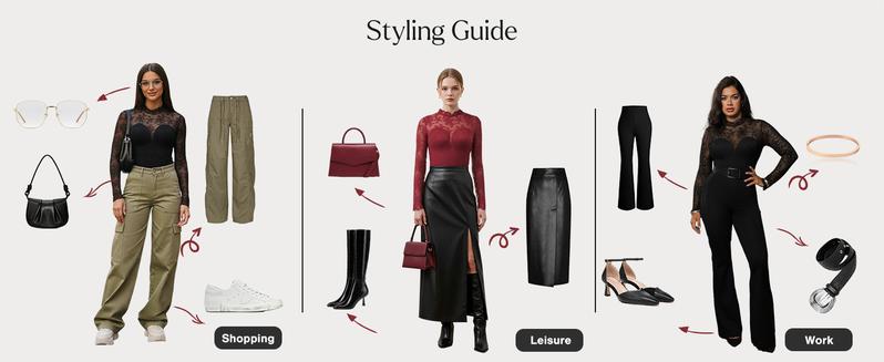 Popilush Essential Deep V-Neck Long Sleeve Bodysuit  Breathable Fabric Sheer Lace Turtleneck with Built-in Bra & Tummy Control Casual