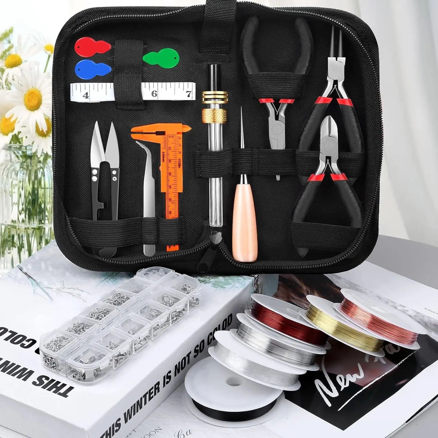 27 Piece Jewelry Tool Set:Wire Wrapping For Jewelry Making,Repair and Beading Supplies Kit with Craft Ring Wire,Tools,Pliers and Jewelry Findings,Hand Tools Kits