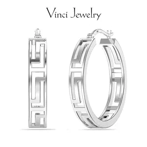 925 Sterling Silver Greek Key Hoop Earrings Lightweight Click-Top Greek Wall Cut-Out Pattern Earring Hoops for Women