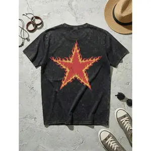 Unisex Streetwear, Men's Y2K Grunge Hellstars Slogan & Flaming Fire Text Graphic Double-Sided Print T-Shirt, Acid Washed Tee