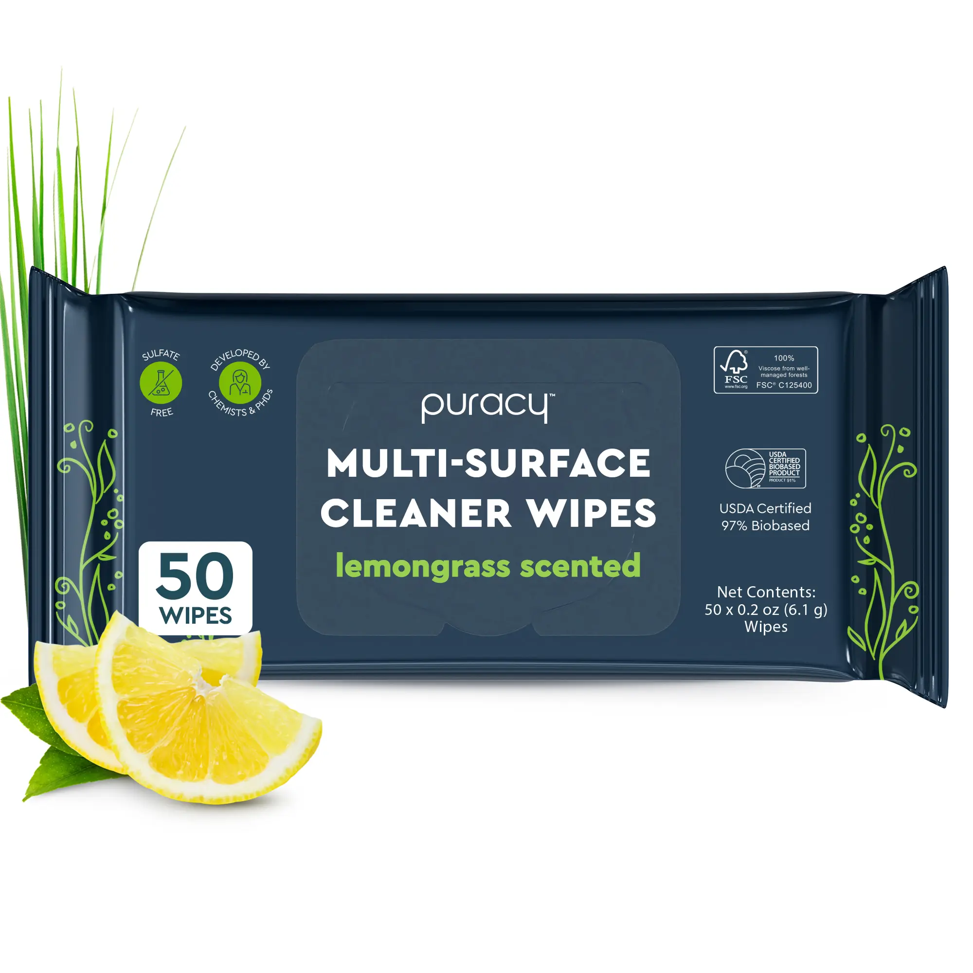 Puracy All Purpose Cleaning Wipes – Non Toxic Multi-Surface Cleaner & Appliance Wipes for Car, Bathroom, Kitchen – Lemongrass Scent (50 Count, 1 Pack)