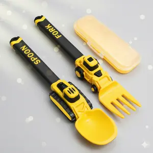 MealGear Construction Truck Kids Spoon Fork Set with Storage Case Soft Handle Fun Oil Tank Design Vibrant Yellow Black Self Feeding Tools for Toddlers