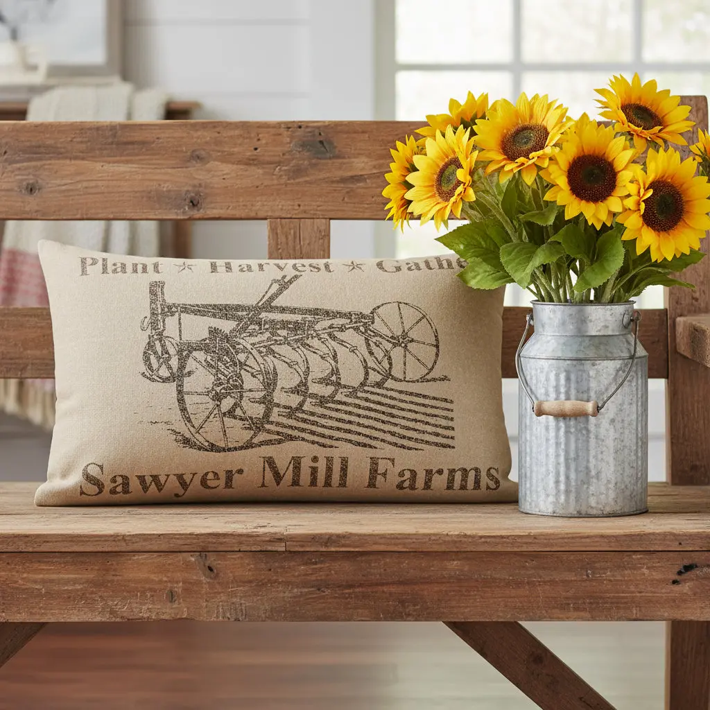 Farmstead Plow Stencil Harvest Throw Pillow, Farmhouse Style, Cotton Shell, Natural Texture, Living Room Decor Accent