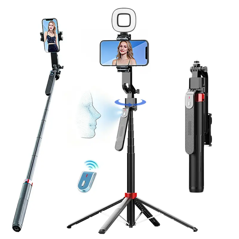 360° Rotatable Selfie Stick Tripod, Rechargeable Smart Face Tracking Tripod with Light,No App, Auto Face Tracking Phone Holder for Vlog, Live Streaming, Rotating Stand, Vlogging Kit for iPhone/Android Travel Gadgets
